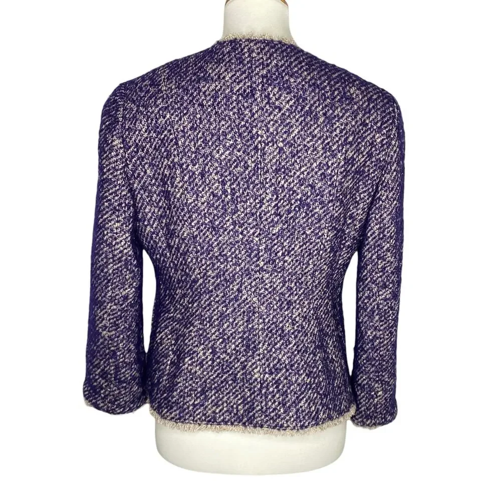 Talbots Boucle Tweed Blazer Blue Fringe Trim Open Jacket Size 8P Jackie O Preppy